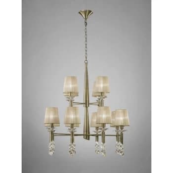 Tiffany pendant light 2 Tier 12 + 12 E14 + G9 bulbs, antique brass with bronze shade & transparent crystal