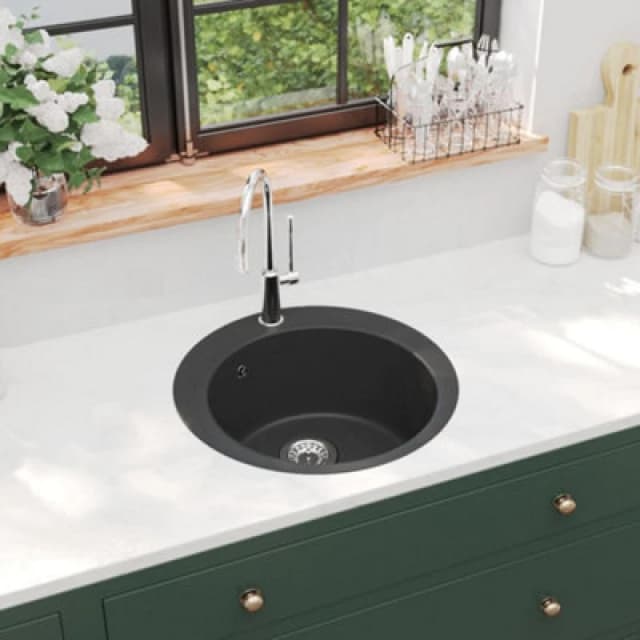 Vidaxl Granite Kitchen Sink Single Basin Round Black Kitchen Sinks