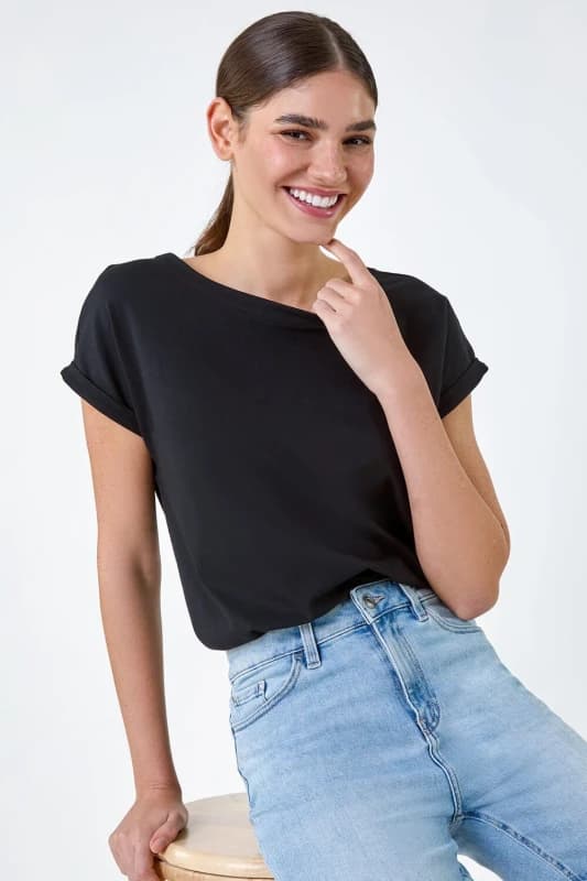 Roman Womens Plain Stretch Cotton Jersey T-Shirt in Black Size: 10 Black Female 10