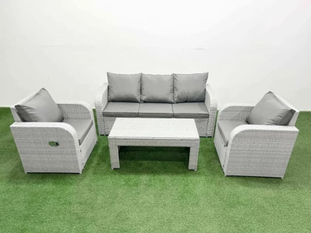 Fimous PE Rattan Garden Furniture Set Reclining Chair Sofa Lounge Sofa Set Rectangular Coffee Table Light Grey Light Grey