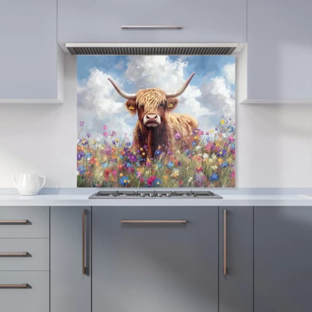 Warren Reed - Designer Highland Cow In A Summer Meadow Kitchen Splashback Size: 900mm x 750mm Multicolor Unisex 900mm x 750mm