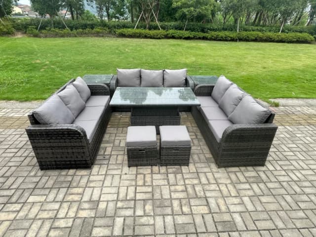 Fimous 11 Seater Garden Dining Sets Outdoor Rattan Furniture Lounge Sofa Height Adjustable Rising lifting Table Dark Grey