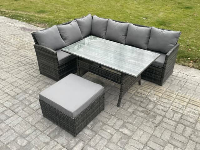 Fimous 7 Seater Rattan Garden Furniture Sets High Back Corner Sofa Rectangular Dining Table Set with Big Footstool Dark Grey Mixed Dark Grey