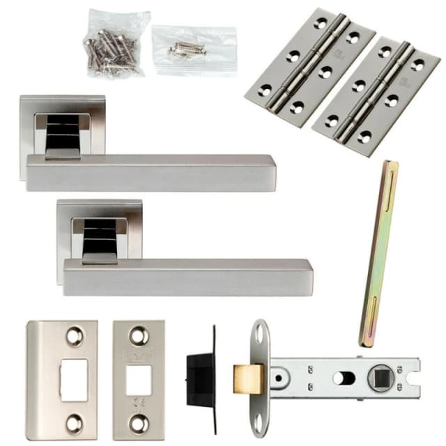 Loops Door Handle & Latch Pack Polished & Satin Steel Square Lever Screwless Rose Metallics