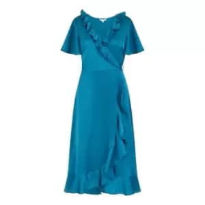 Yumi Teal Satin Wrap Midi Dress - Blue