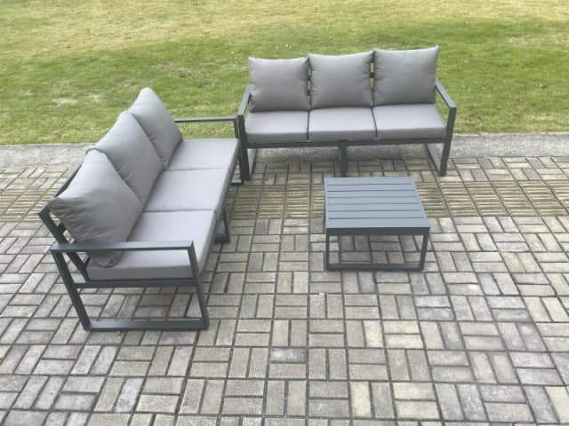 Fimous Aluminium 3 Pieces Garden Furniture Sofa Set with Cushions 6 Seater Outdoor Patio Set with Square Coffee Table Dark Grey Dark Grey Unisex