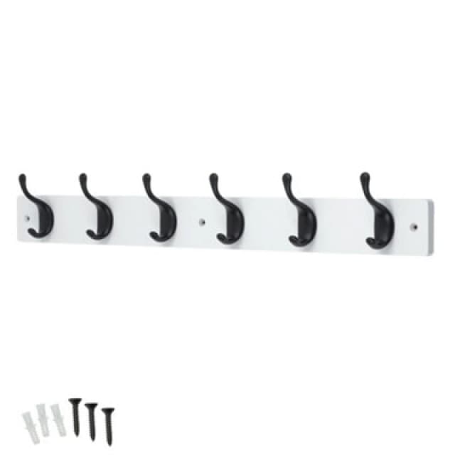 Keypak 6 Matte Black Coat Hooks On White Wooden Board - 68Cm Modern Wall Mounted Coat Rack Clothes Hanger