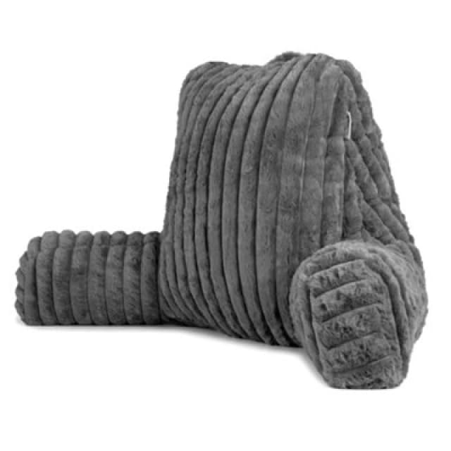 Aamira Deluxe Large Reading Pillow, Soft Ribbed Grey Faux Fur, Shredded Memory Foam Cuddle Cuddle Cushion Backrest Arm Support