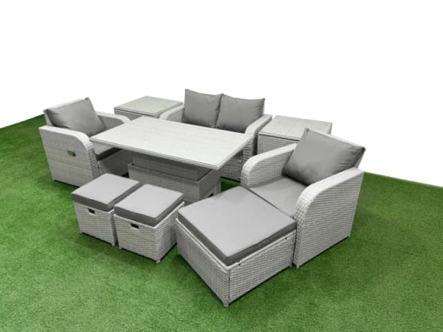 Fimous Light Grey PE Wicker Rattan Garden Furniture Set Sofa Set Reclining Chair Adjustable Lifting Dining or Coffee Table 7 Seater 3 Stools 2 Side T