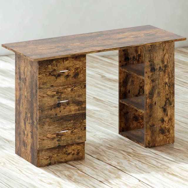 FURNOS Industrial Rustic 120CM Computer Desk With 3 Drawers & Shelves in Brown Brown Unisex