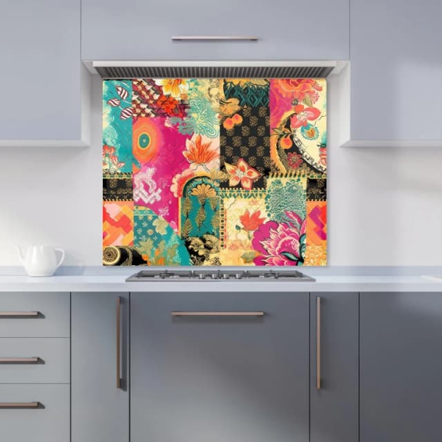 Warren Reed - Designer Patchwork Mixed Textiles Kitchen Splashback in Pink Size: 600mm x 750mm Pink Unisex 600mm x 750mm