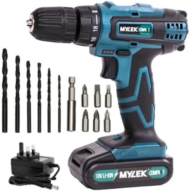 Mylek 18V Cordless Li-Ion Drill And Screwdriver Set With 13 Piece Accessory Kit