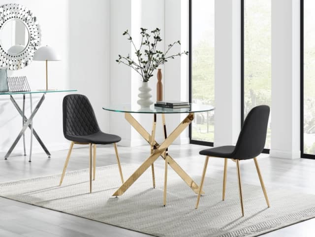 FurnitureboxUK FurnitureboxUK Novara 100cm Round Gold Leg Dining Table & 2 Corona Gold Chairs in Black One Size Unisex 5056784304709