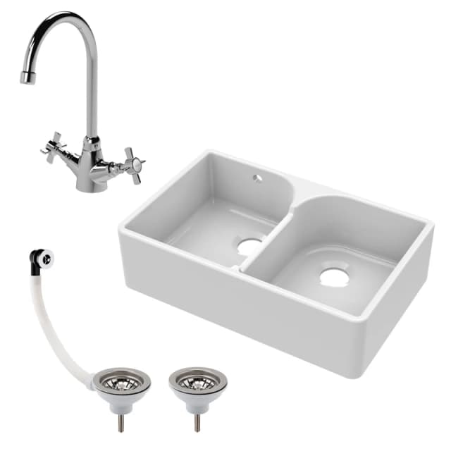 Balterley Fireclay 2 Bowl Stepped Weir Butler Sink Overflow Tap Waste 795mm White