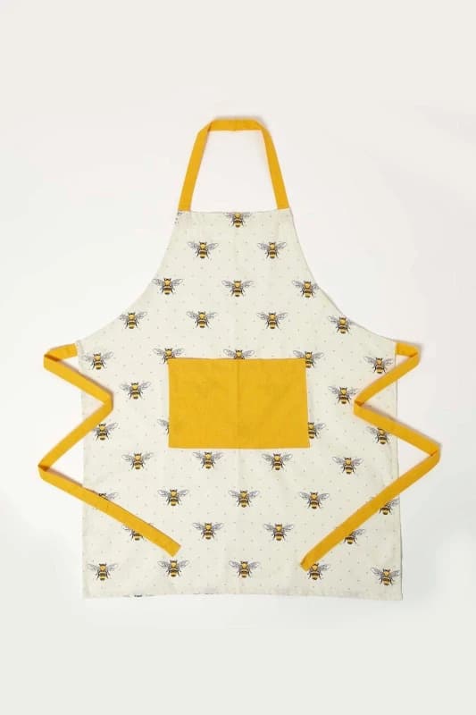 Homescapes Honey Bee 100% Cotton Kitchen Apron with Pocket Yellow