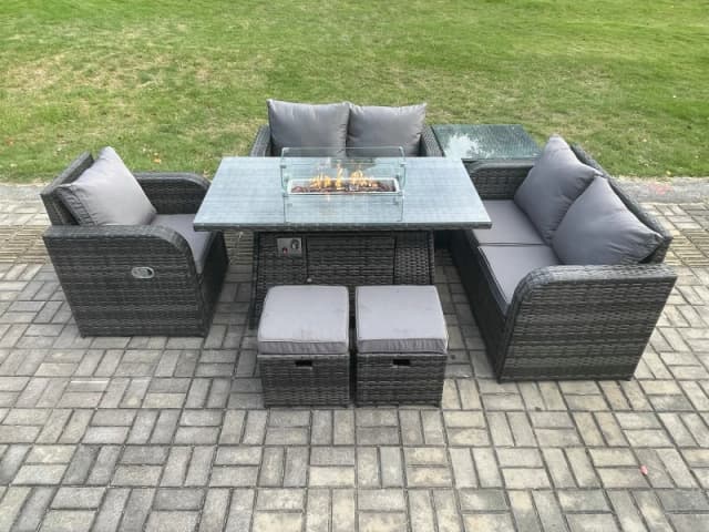 Fimous Rattan Garden Furniture Set with Gas Fire Pit Dining Table,Side Table and 2 Small Footstools Indoor Outdoor 7 piece Loveseat Sofa set Dark Grey