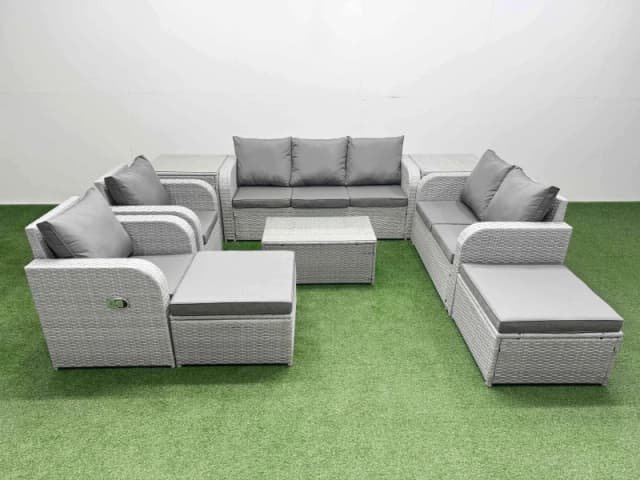 Fimous PE Rattan Garden Furniture Set Adjustable Chair Sofa Double Love Seat 2 Seater Sofa Lounge Set Oblong Coffee Table 2 Big Footstool 2 Side Table