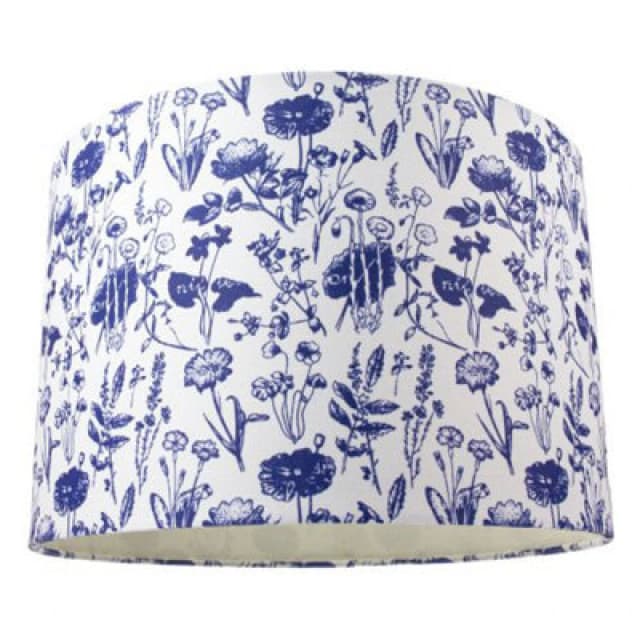 Happy Homewares White Cotton 12 Drum Lamp Shade With Blue Floral Decoration And Inner Lining