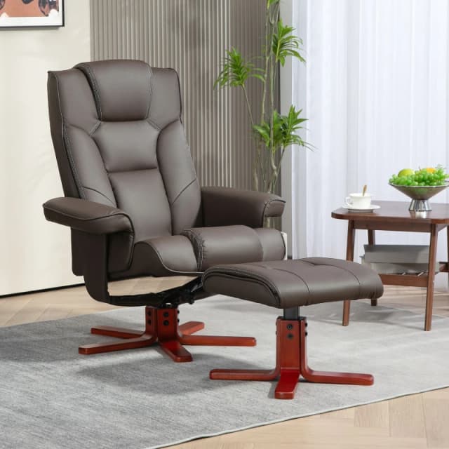 Recliner Chair with Footstool and Adjustable Backrest PU Armchair - Grey - Brown - HOMCOM TJ Hughes 5061025017577