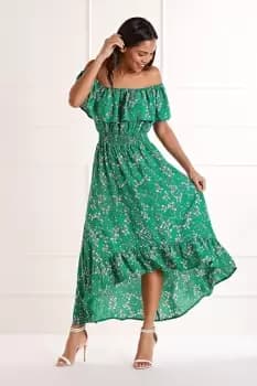 Green Ditsy Print Bardot Dipped Hem Dress