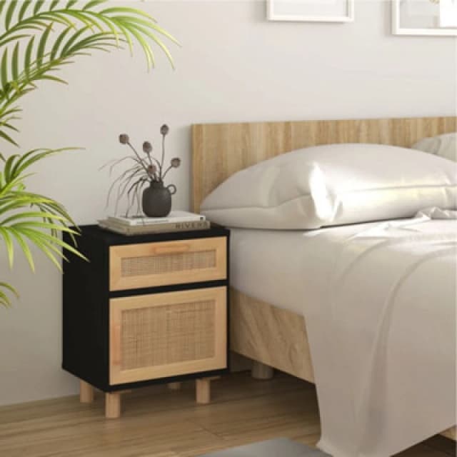 Vidaxl Bedside Cabinet Black Solid Wood Pine And Natural Rattan, Black 345608