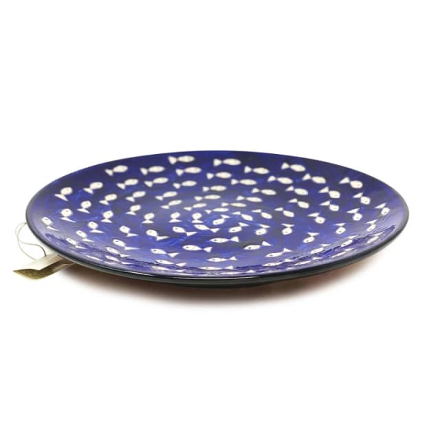 Verano Spanish Ceramics Signature Blue & White Fish Hand Painted Ceramic Kitchen Dining Large Platter (Diam) 42cm Multi