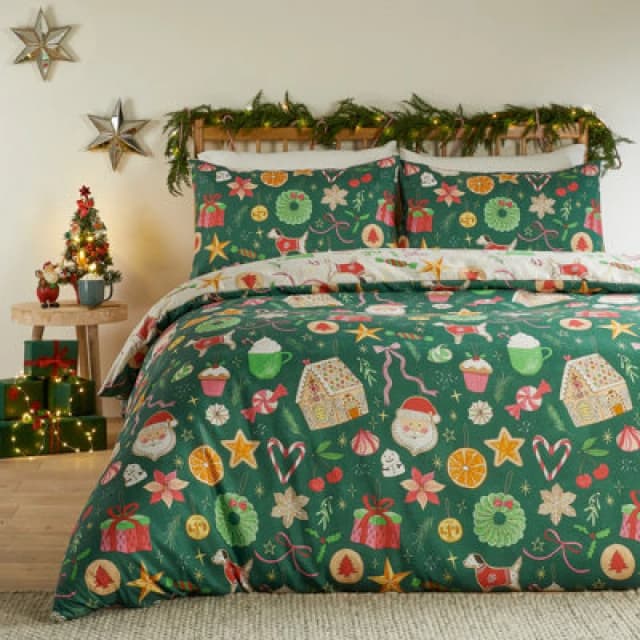 Duvet Day Festive Treats Printed Soft Touch Duvet Set, Double, Green