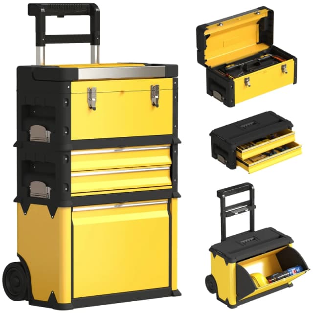 HOMCOM HOMCOM 3-in-1 Stackable Tool Box with Handles, Tray, Rolling Steel Toolbox in Yellow Yellow One Size Unisex 5063603087439