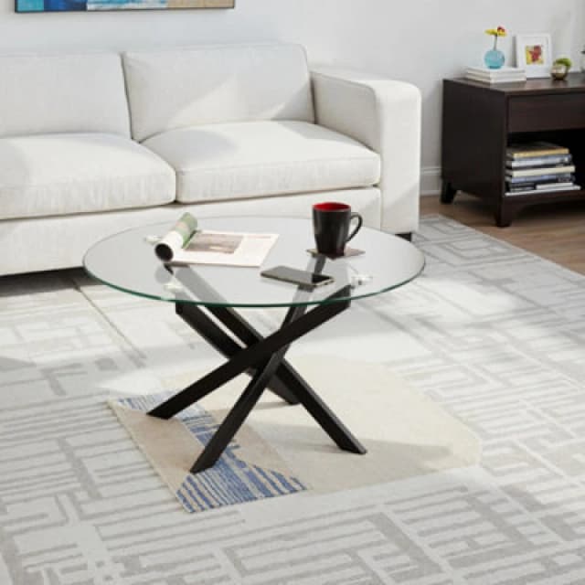 Seconique Sheldon Coffee Round Table Clear Glass Top With Stylish Black Wavy Legs