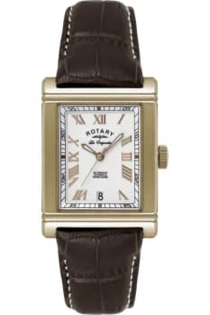 Mens Rotary LE90007-06-X1 Rectangular Automatic Dark Brown Strap Wristwatch Colour - White