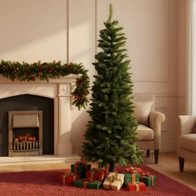 Shatchi Slim Pine Green Tree Christmas Holiday Festive Xmas Home Decorations with Pencil Point Tips, Metal, 5ft Green
