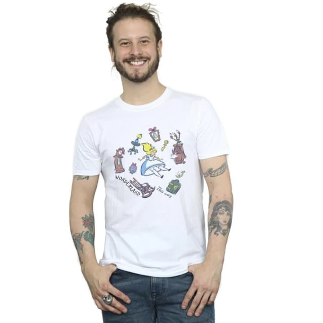 Disney Men Alice In Wonderland Falling T-Shirt in White Size: Small White S Male 5063283628052