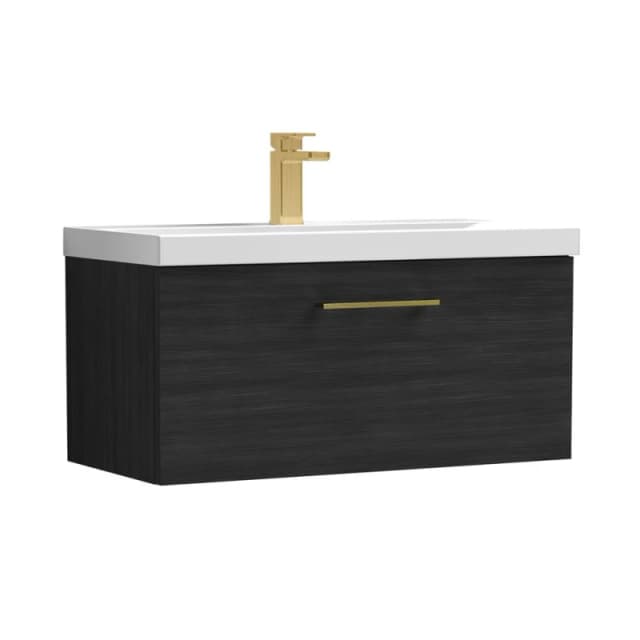 Balterley 800mm Wall Hung 1 Drawer Vanity Unit, Woodgrain Black, Brass Handle in Black Unisex