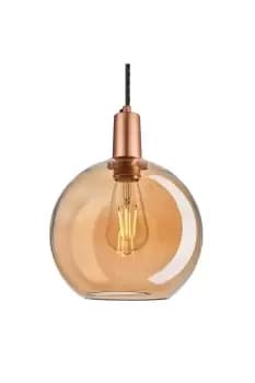 Sleek Tinted Glass Globe Pendant, 9 Inch, Amber, Copper Holder