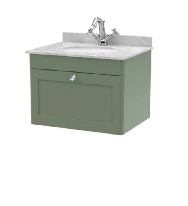 Nuie Classique Wall Hung 1 Drawer Vanity Unit & 1 Tap Hole Grey Marble Top With Oval Basin, Stylish Sink Vanity Unit In Satin