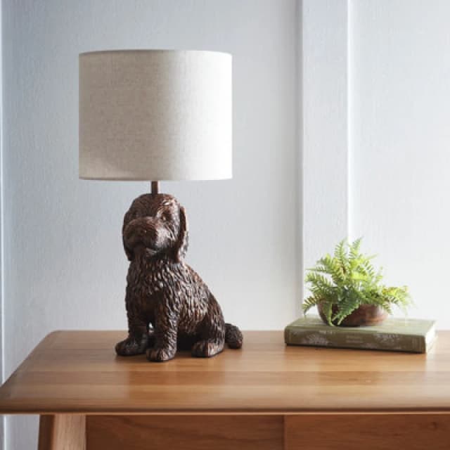 K Living Puppy Animal Table Lamp In Antique Copper With Linen Shade Elegant Lighting