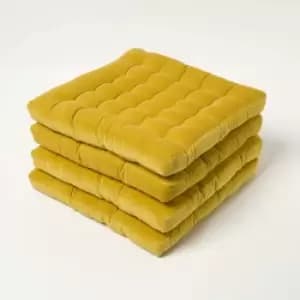 Set of 4 Mustard Yellow Quilted Velvet Chair Pad, 40 x 40cm - Yellow - Homescapes