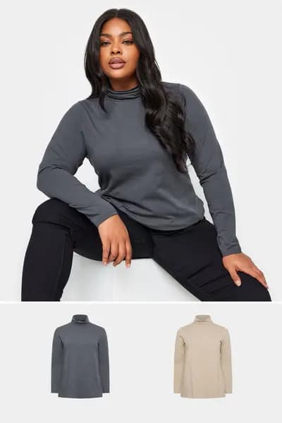 Yours 2 Pack Turtle Neck Tops Grey