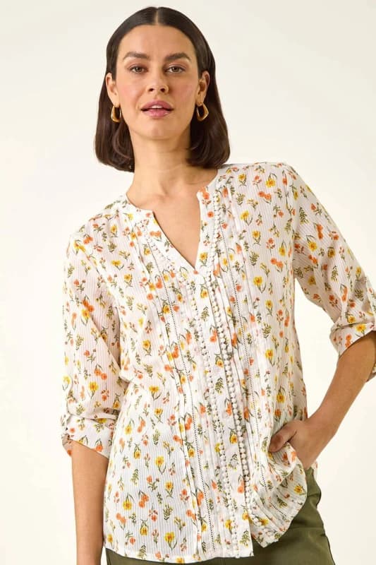 Roman Womens Floral Print Trim Blouse in White Size: 12 White Female 12