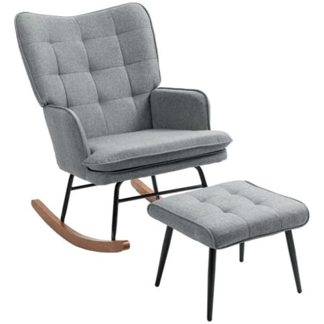 HOMCOM Rocking Chair with Footstool Fabric Wingback Chair for Bedroom Grey TJ Hughes 5056725576707