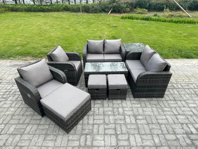 Fimous 9 Seater Rattan Garden Furniture Set Outdoor Patio Sofa, Table and Chairs Coffee Table 3 Footstools Ideal for Pool Side, Balcony, Outdoor Set D