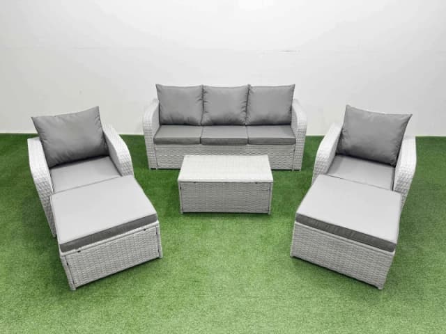 Fimous PE Rattan Garden Furniture Set Reclining Chair Sofa Lounge Sofa Set Oblong Coffee Table 2 Big Footstool Light Grey Light Grey