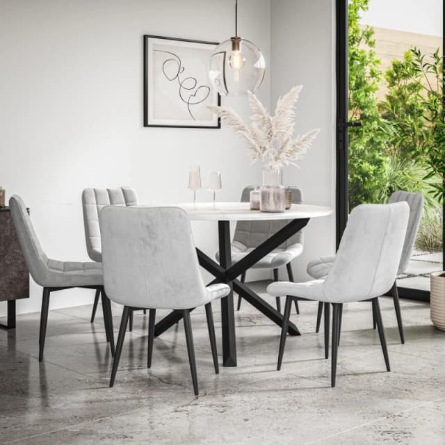 More4Homes Malvern Round Dining Table And Chairs - Marble Table Top W Solid Black Oak Legs + Nova Velvet Dining Chair Set Of 6 (Grey)