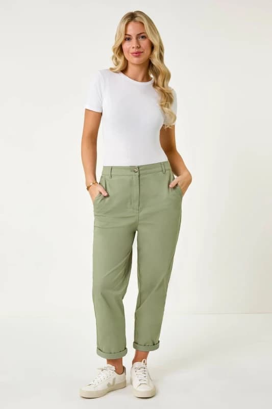 Roman Womens Petite Cotton Blend Stretch Chino Trousers in Khaki Size: 16 Khaki Female 16
