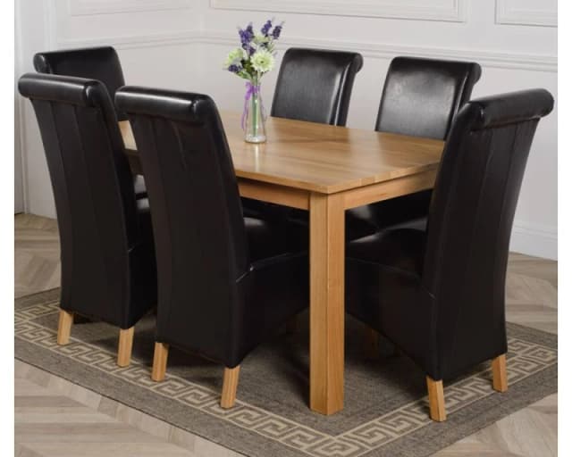 Thats Furniture Oslo 150 x 90cm Medium Oak Dining Table & 6 Montana Leather Chairs in Black Unisex 150 x 90 cm