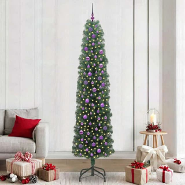 vidaXL Artificial Christmas Tree with 300 LEDs, Lilac Balls with Stand Green 240 x 61 cm, Green 3394975