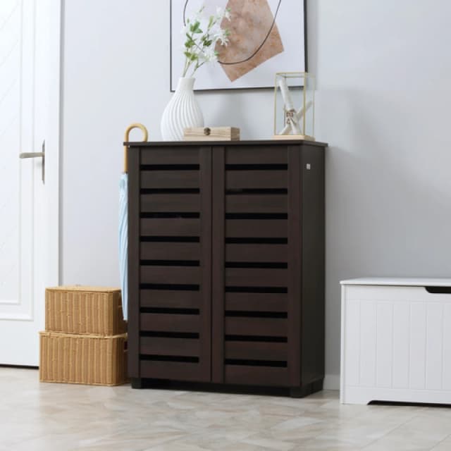 HOMCOM Shoe Storage Cabinet with Slatted Doors for 15 Pairs of Shoes Brown, Brown 837-260V00DR