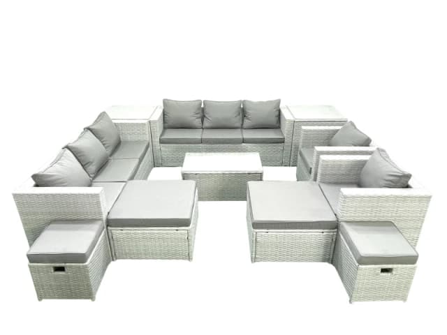 Fimous 11 Pieces Rattan Garden Furniture Set Outdoor Garden Sofa Chair Coffee Table Set with 4 Footstools 2 Side Tables Light Grey Mixed Light Grey