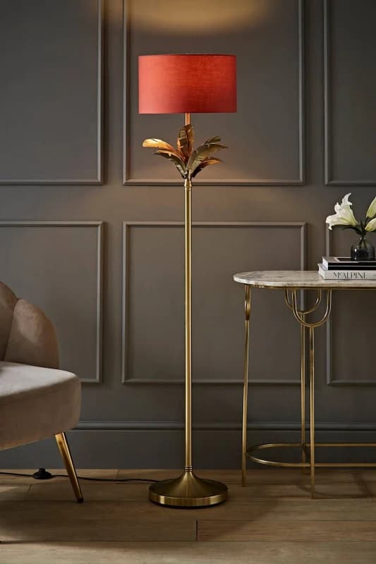 ValueLights ValueLights Christina Fabric Drum Shade Gold Palm Leaf Detail Single Stem Floor Lamp in Burnt Orange Burnt Orange One Size Unisex 50594060
