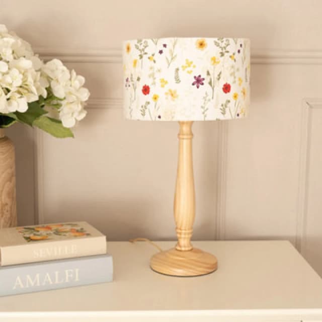 ValueLights Victoria Light Wood Candlestick Table Lamp with Floral Embroidered Drum Shade Natural